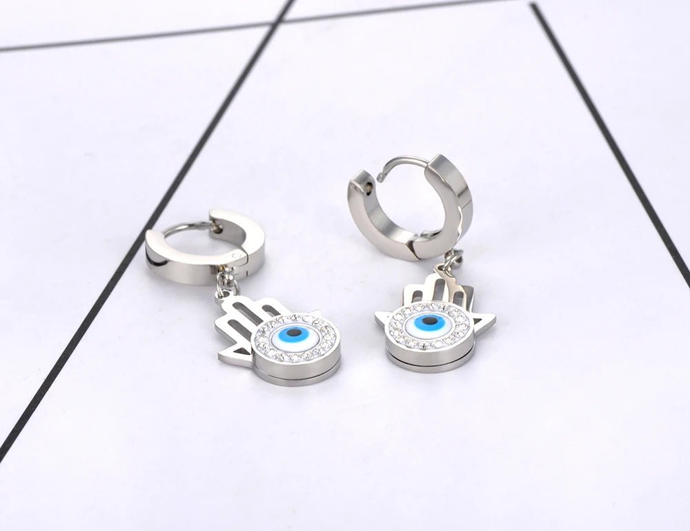 Titanium Stainless Steel Blue Evil Eyes Hoop Earrings Jewelry - Oreela