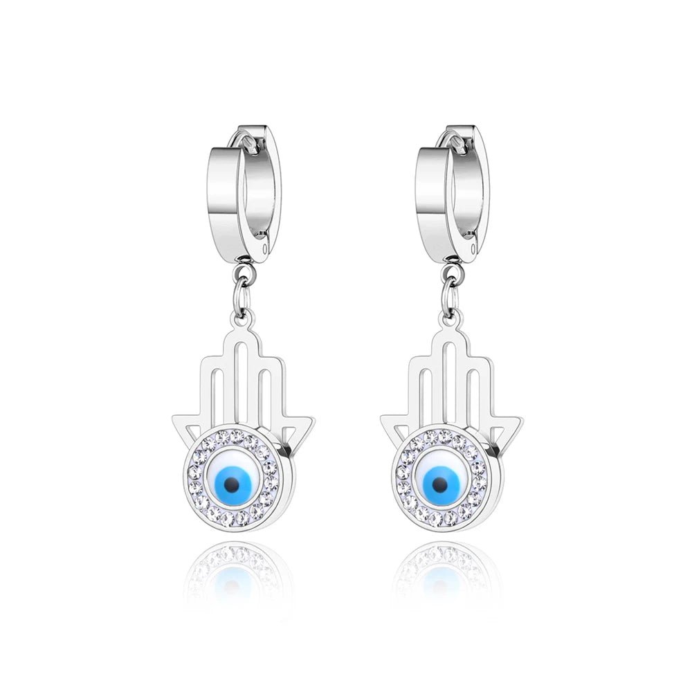 Titanium Stainless Steel Blue Evil Eyes Hoop Earrings Jewelry - Oreela