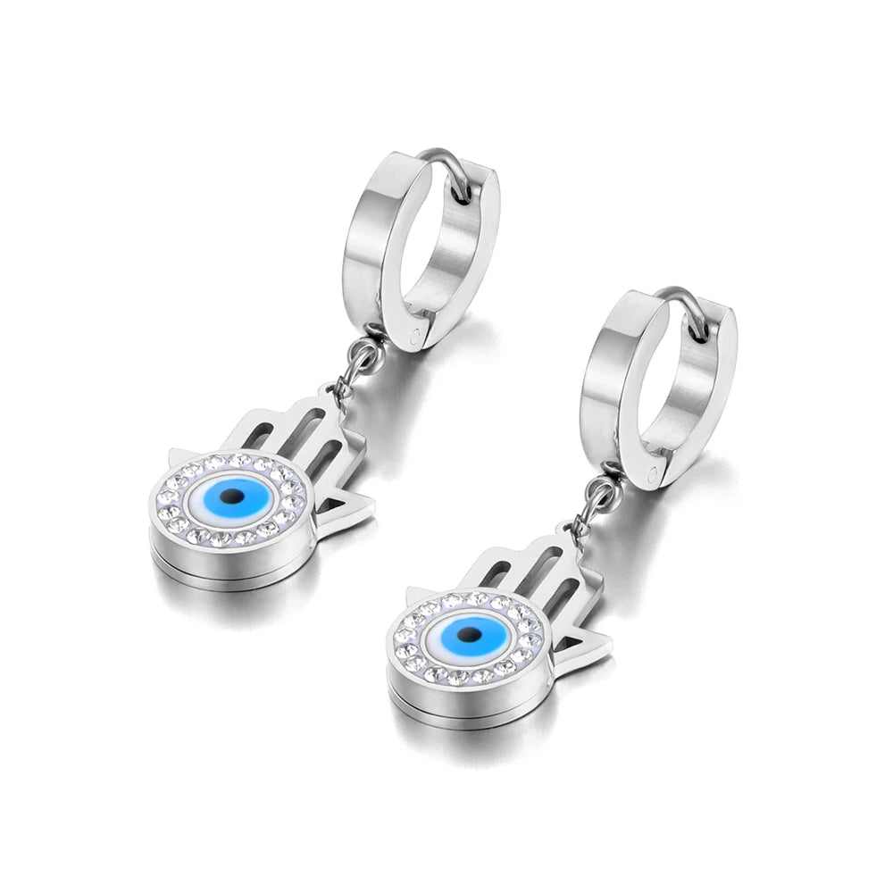 Titanium Stainless Steel Blue Evil Eyes Hoop Earrings Jewelry - Oreela